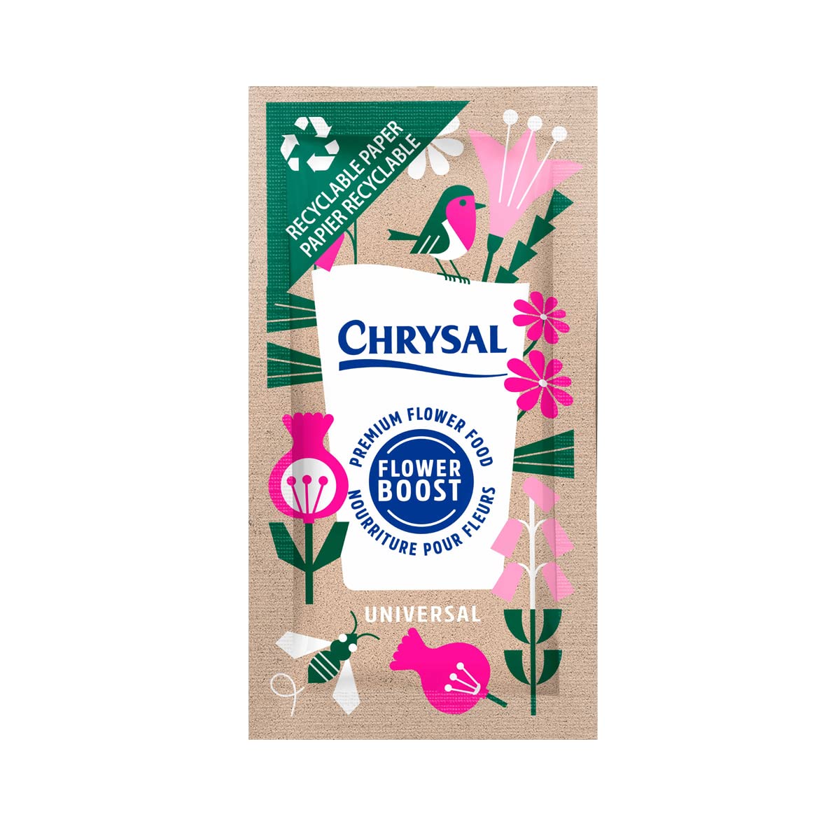 Chrysal recyclable packaging shows flower food packet that helps blooms stay fresh longer