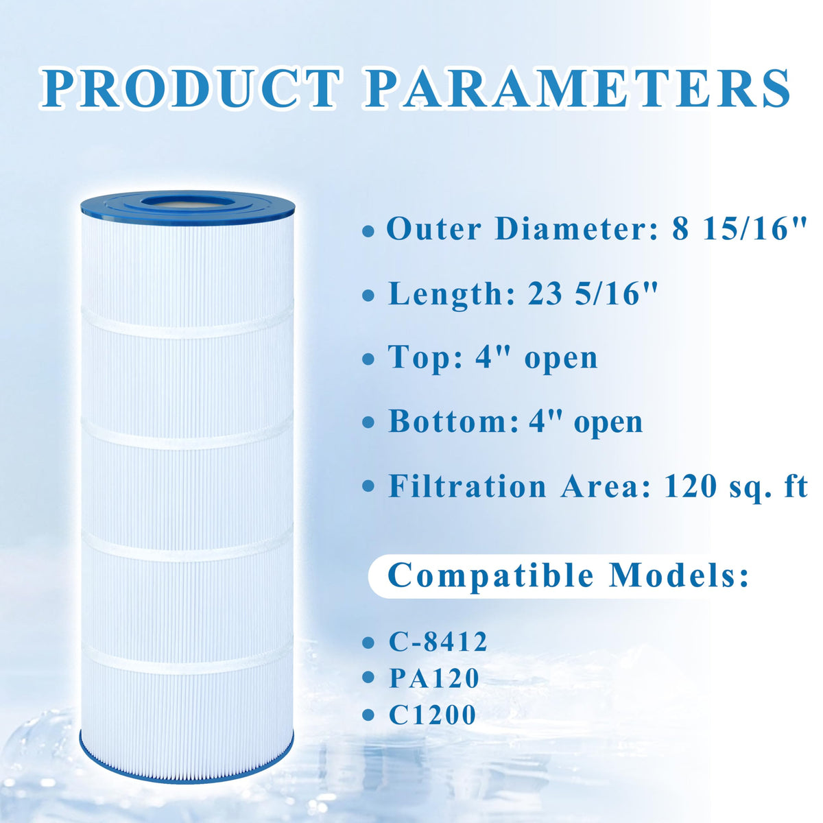 Chryseos pool filter shows outer diameter and fit for standard housings.