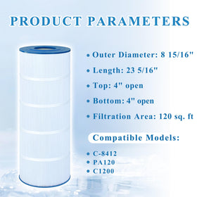 Chryseos pool filter shows outer diameter and fit for standard housings.