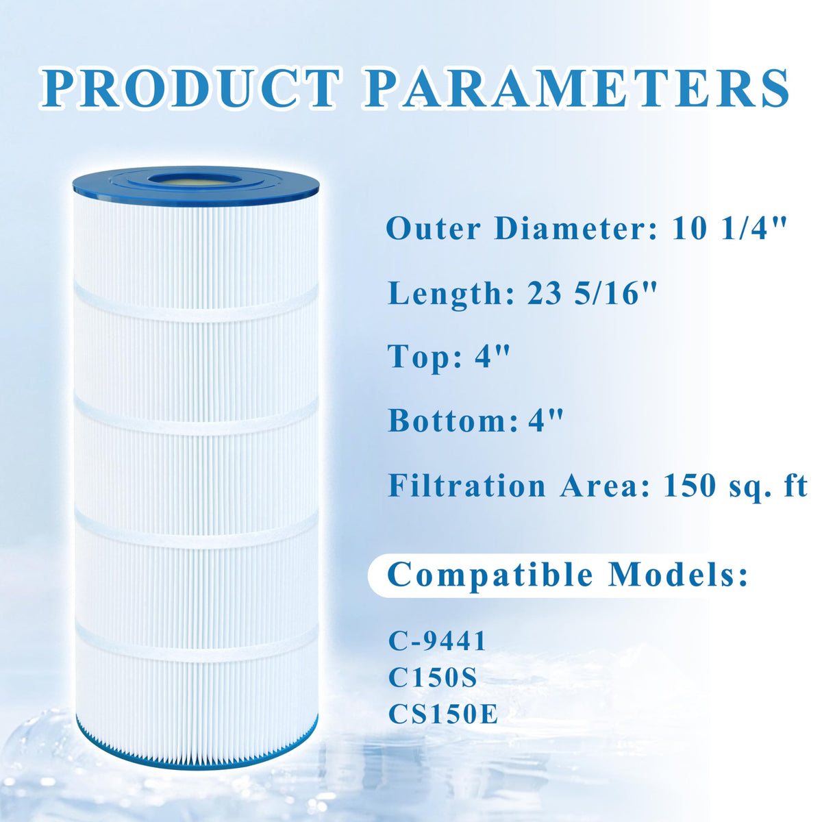 Chryseos pool filter shows 150 sq ft filtration area for clear water.