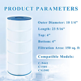 Chryseos pool filter shows 150 sq ft filtration area for clear water.