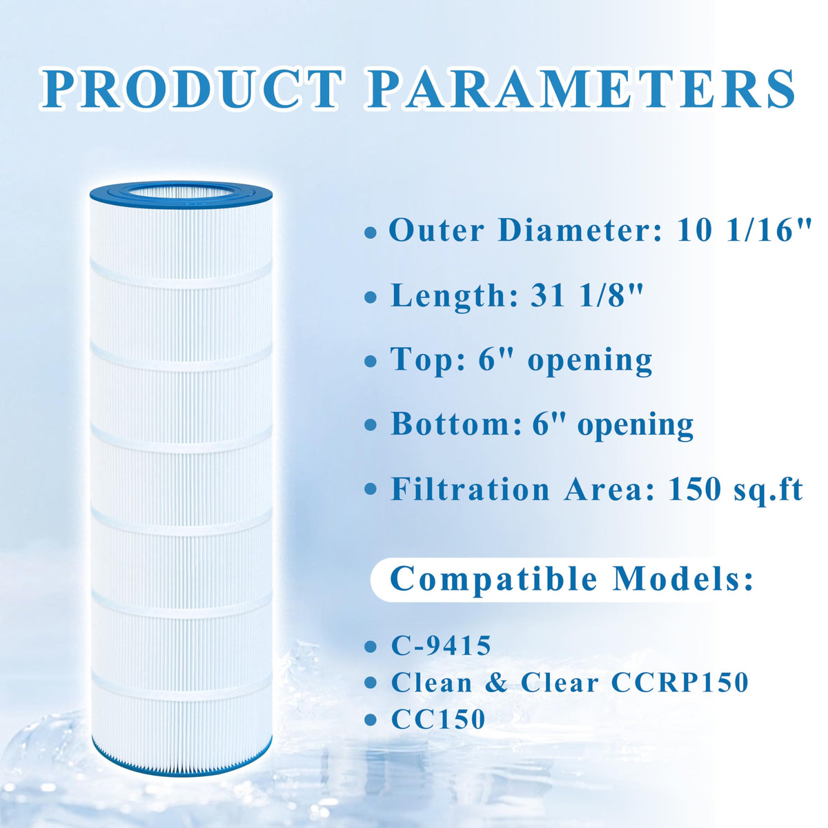 Chryseos pool filter outer dimensions indicate precise fit.
