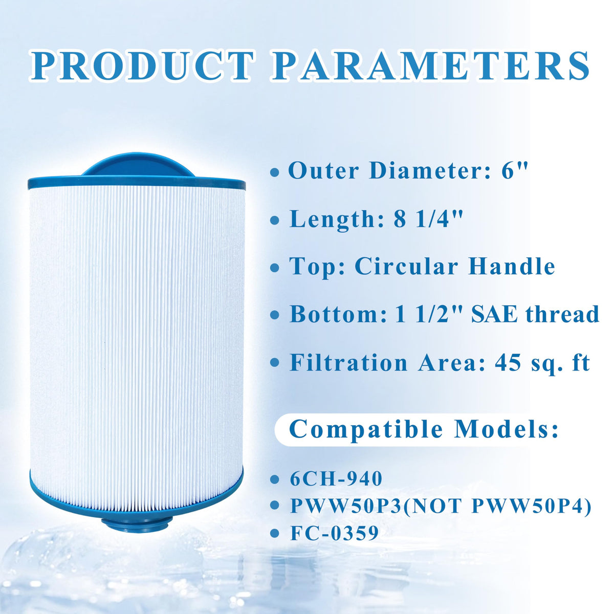 Chryseos spa filter demonstrates PWW50P3 compatibility for versatile installation.