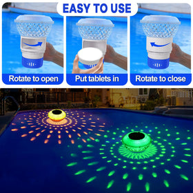 Chsuiwe solar-powered floater illuminates pools while releasing chlorine disks.