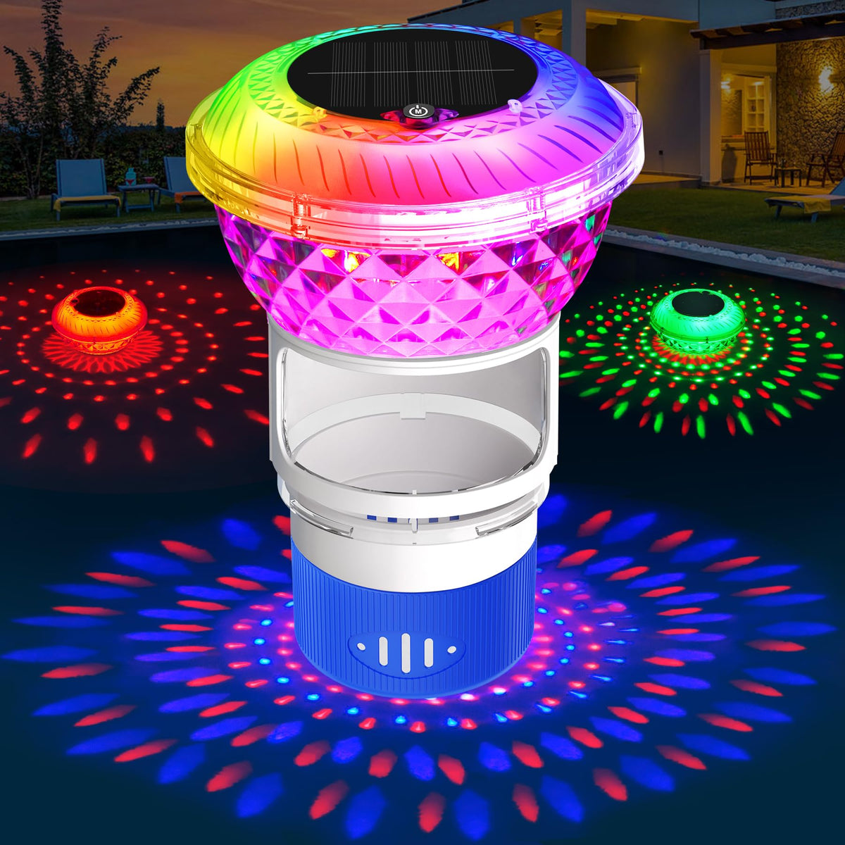 Chsuiwe pool chlorine floater with marquee light glows at dusk for nighttime pool ambiance.