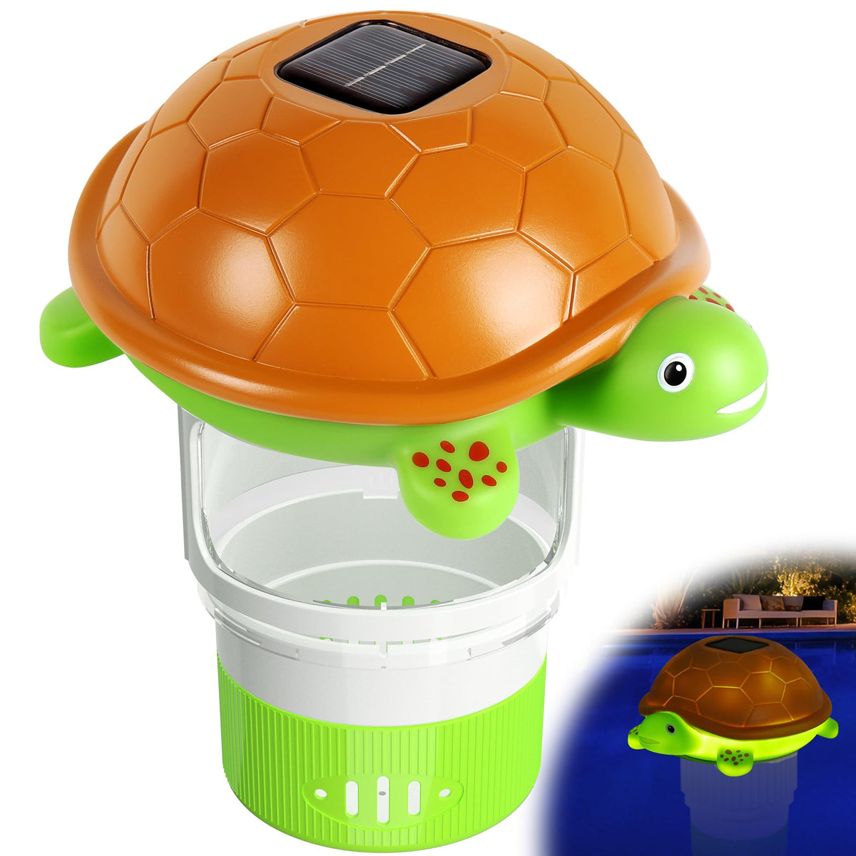 Chsuiwe pool chlorine floater with turtle light glows while distributing chlorine.