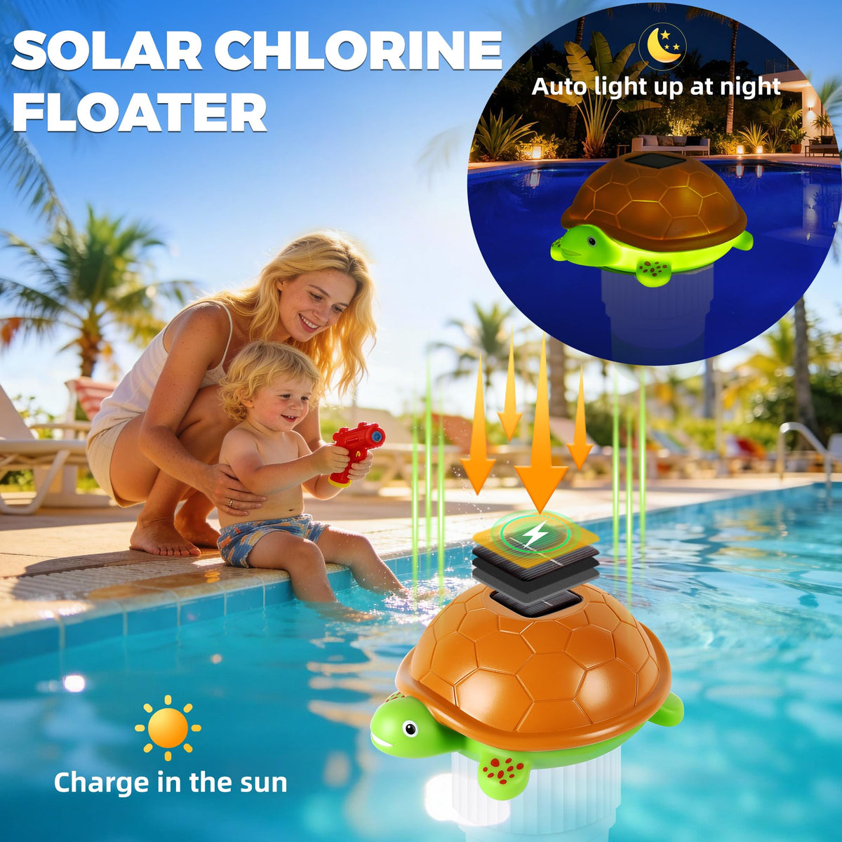 Chsuiwe solar-powered turtle light floater sits on water surface at dusk.