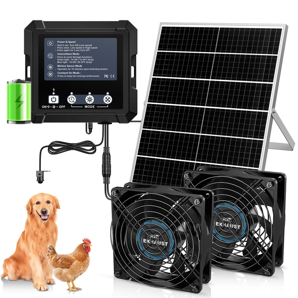 Chtoocy 25W solar fan for chicken coop delivering steady ventilation.