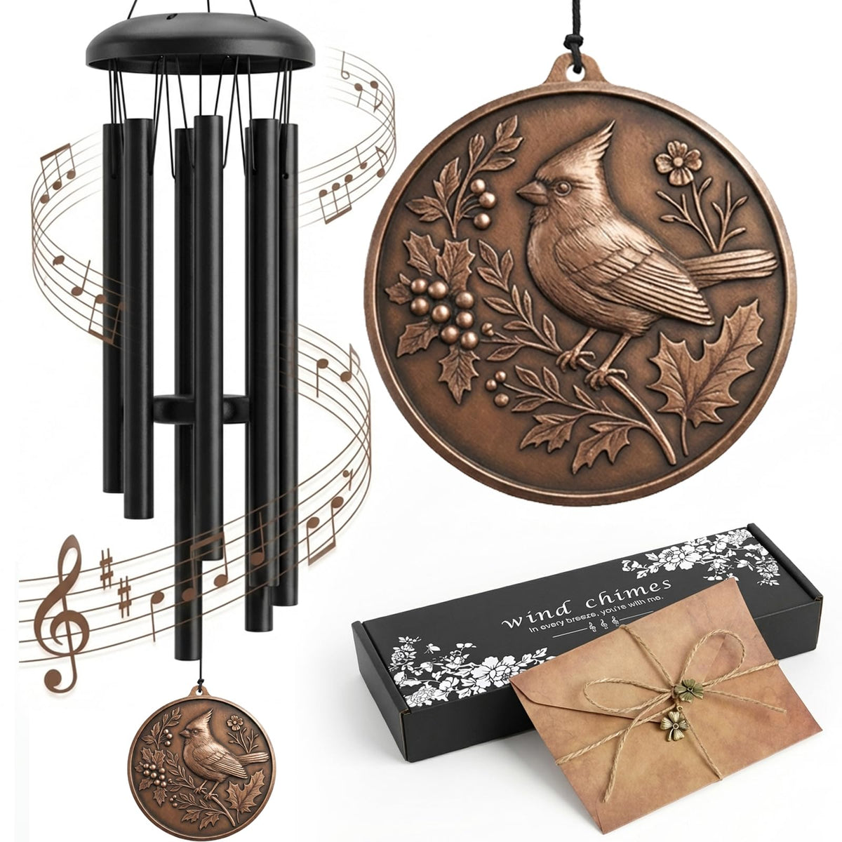 Chufa Cardinal wind chime with medallion delivers year-round outdoor charm.