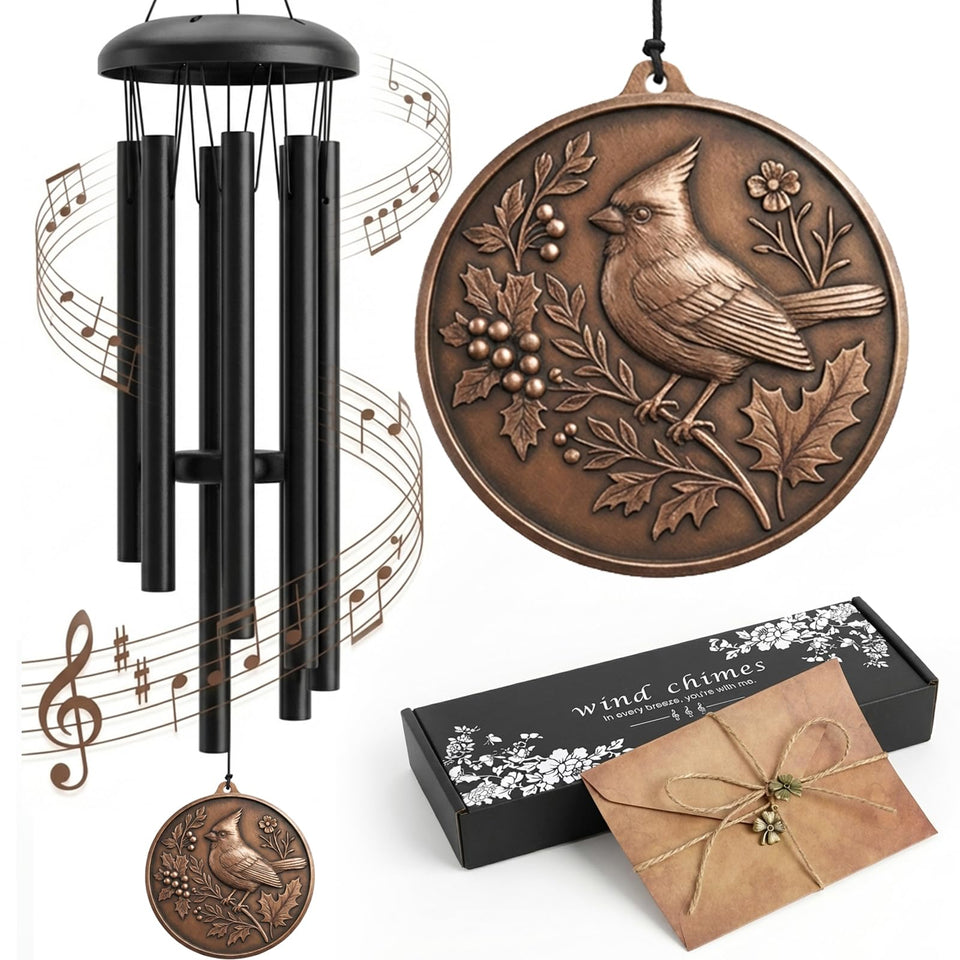 Chufa Cardinal wind chime with medallion delivers year-round outdoor charm.