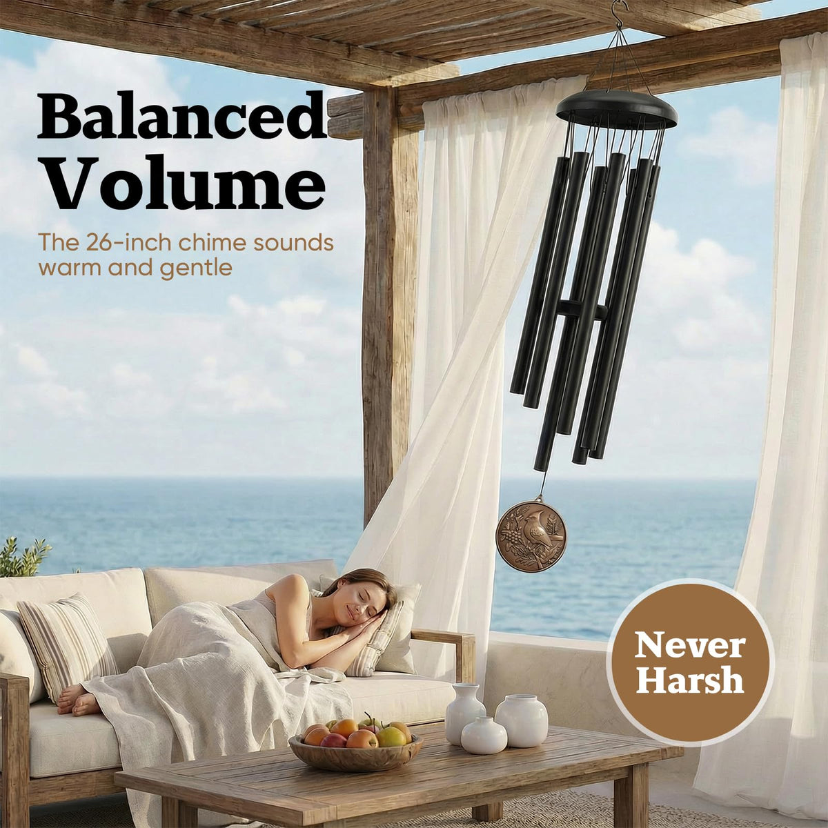 Chufa deep-tone tuned aluminum tubes deliver mellow tones for outdoor spaces.