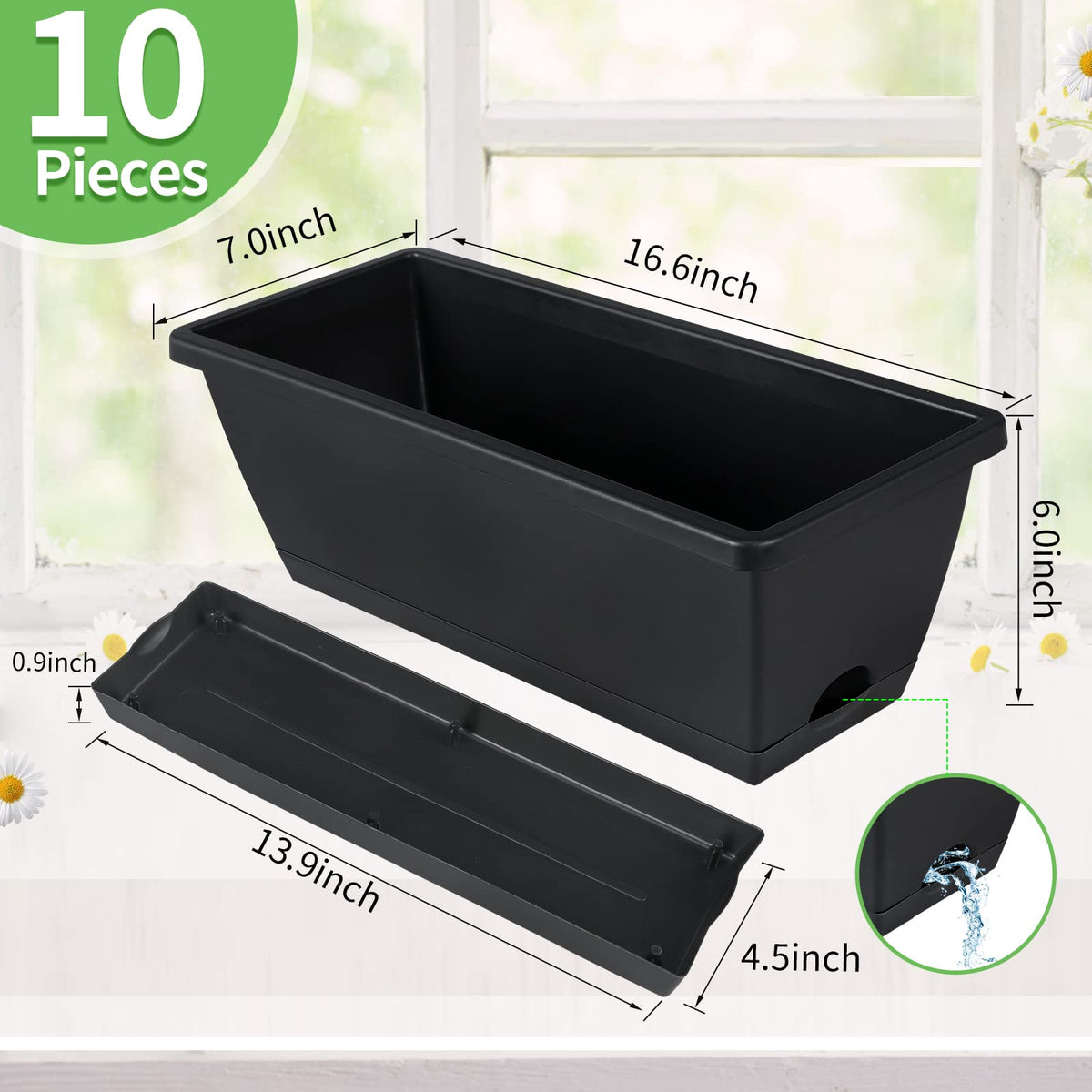 CHUKEMAOYI window box planter with attached saucer keeps surfaces clean.
