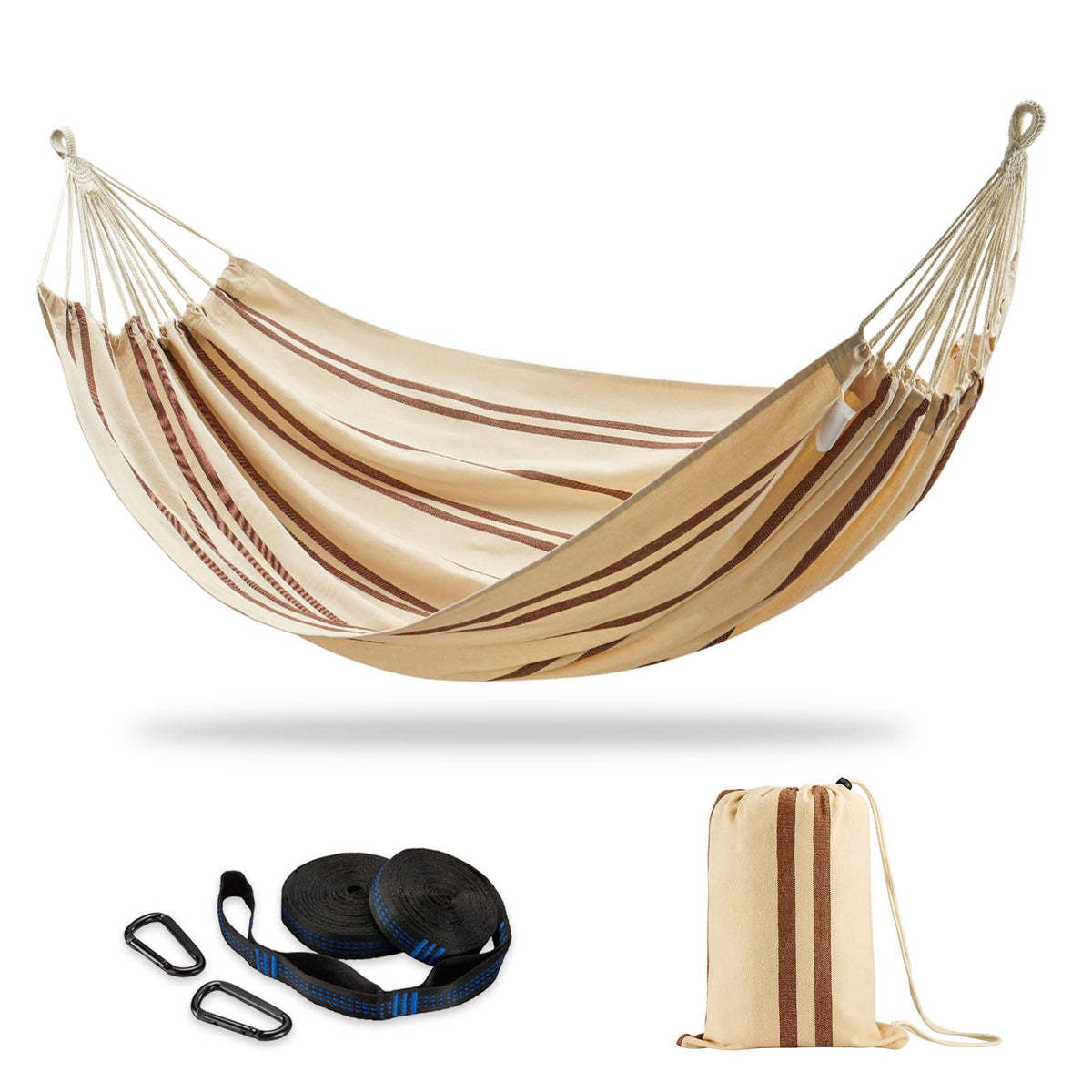 CHULIM Brazilian double hammock in beige brown stripe, ready for quick backyard setup.