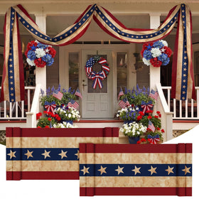 Chumia patriotic banner outdoor setup with red, white, and blue flags.