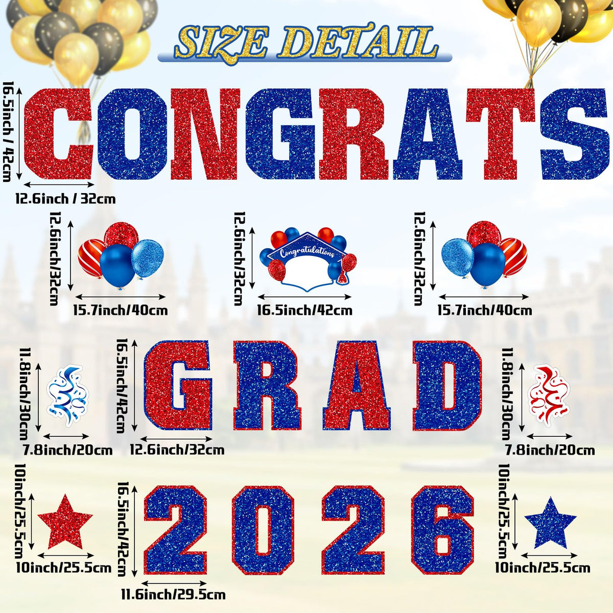 Chunful grad balloon and stars signs create eye-catching party visuals.