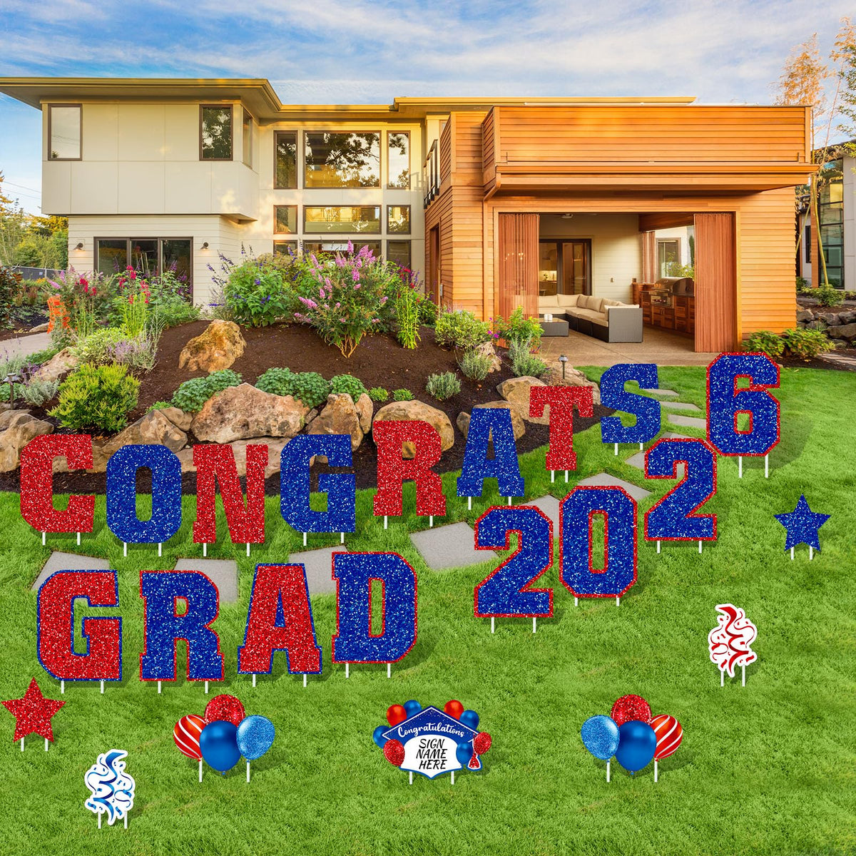 Chunful outdoor graduation lawn decor enhances courtyard display.