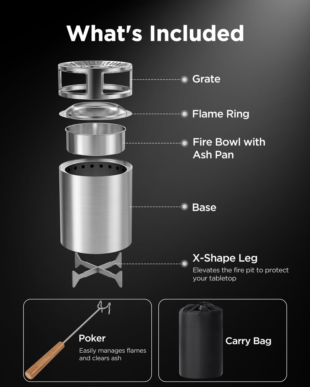 Ciays portable fire pit with included poker and carrying bag for quick setup.