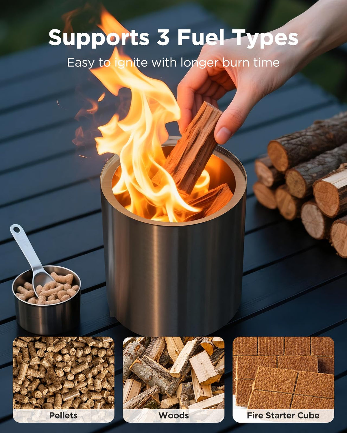 Ciays fire pit supports pellets, wood, and firestarter cubes for flexible fueling.