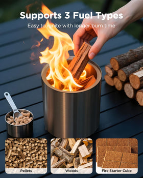 Ciays fire pit supports pellets, wood, and firestarter cubes for flexible fueling.