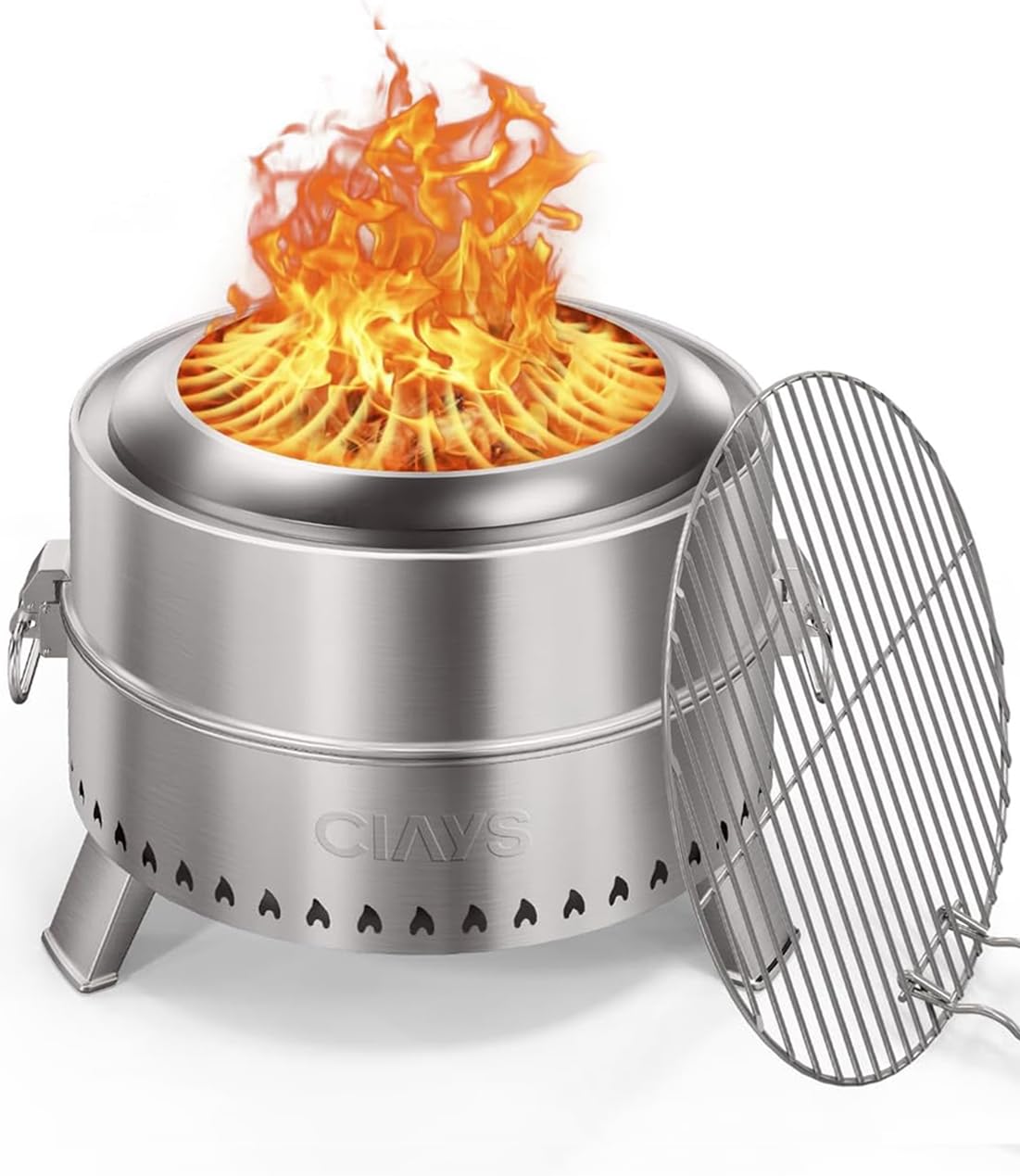 Ciays Smokeless Firepit 21-inch firebowl showcases clean burn for outdoor gatherings.
