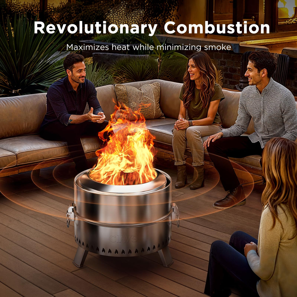 Ciays smokeless-firepit grill-rack highlights wood-fired cooking on patios and decks.