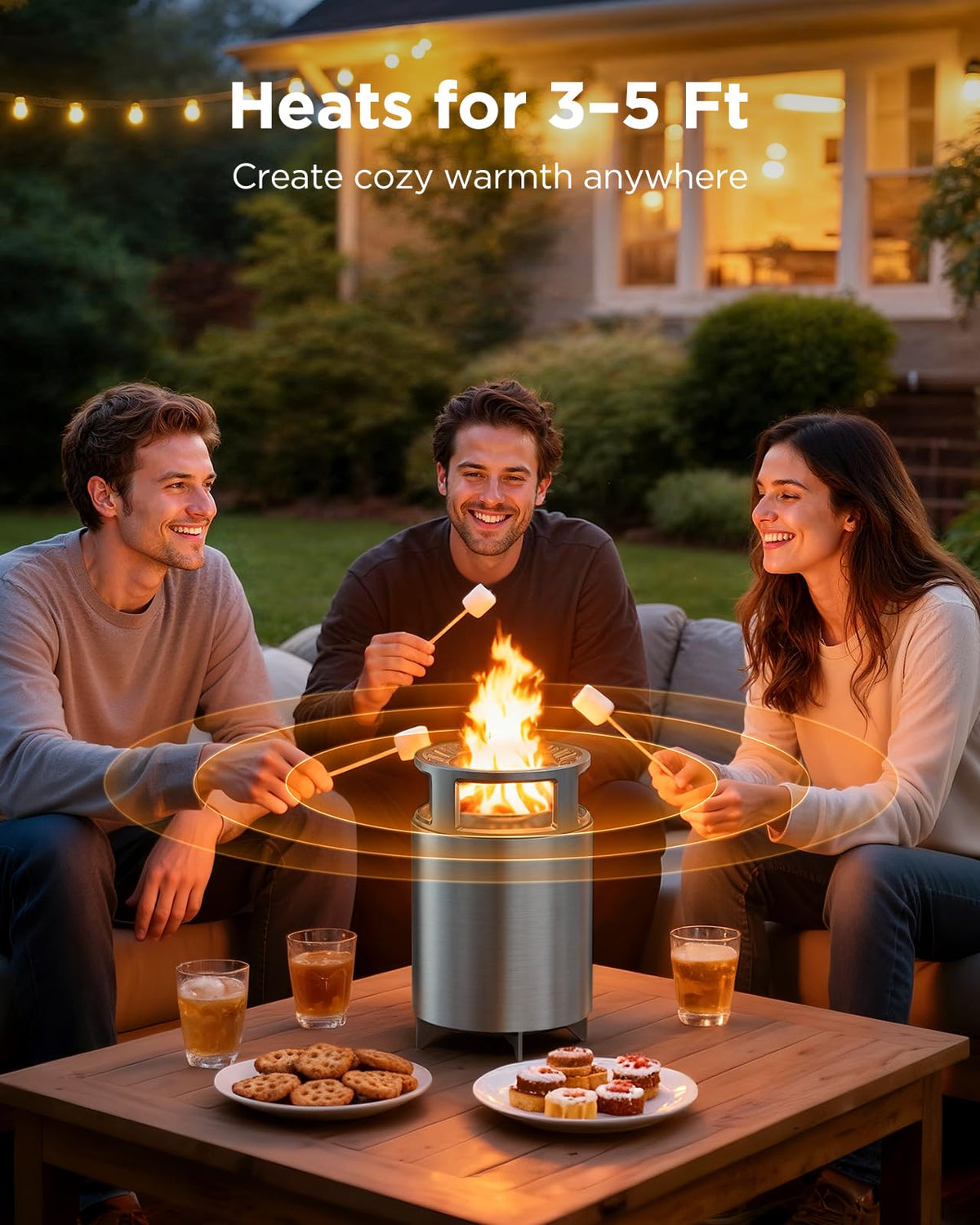 Ciays tabletop fire pit creating ambient heat for camping and backyard gatherings.
