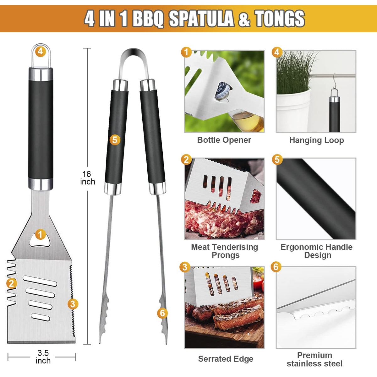 Cifaisi stainless steel grill tongs provide durable flipping control.