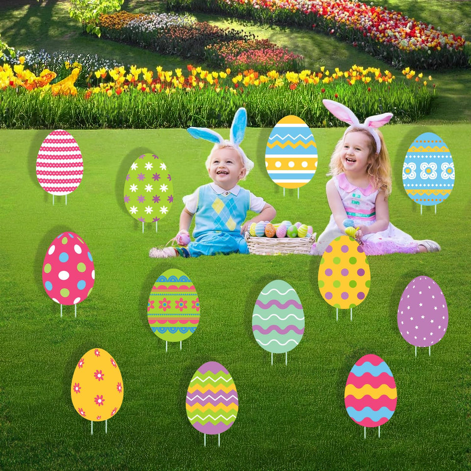 CiniQy 12pc Easter egg decorations on yard stakes invite festive curb appeal