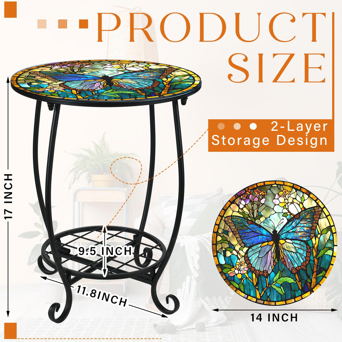 Cinnvoice Butterfly-pattern round side table enhances stylish outdoor setups.
