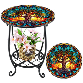 Cinnvoice outdoor round side table with butterfly pattern enhances garden ambiance.