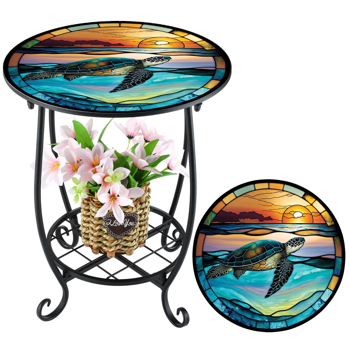 Cinnvoice turtle-style round side table with mosaic top for outdoor charm.