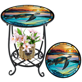 Cinnvoice turtle-style round side table with mosaic top for outdoor charm.