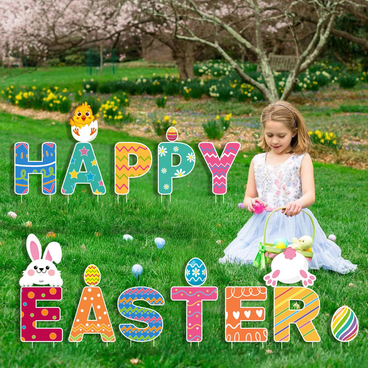 CiniQy Easter yard sign with Happy Easter letters brightens outdoor welcome.