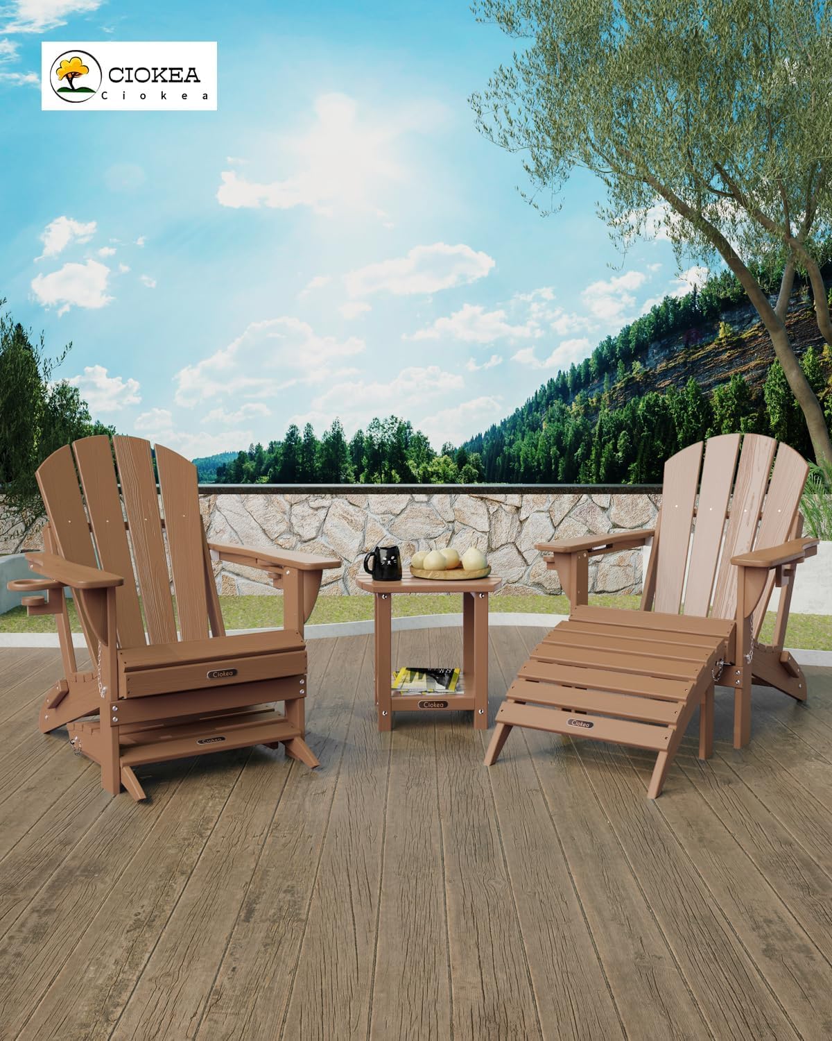 Ciokea Adirondack table highlighting weather-resistant polyethylene that resists fading.