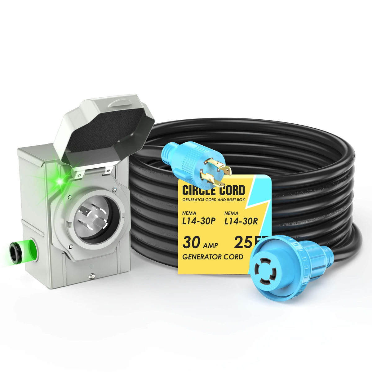 CircleCord 4-prong generator extension with locking connector shown ready for reliable power delivery.
