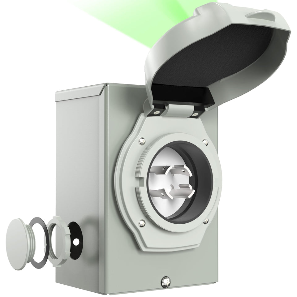 CircleCord L14-30 inlet box front view shows durable weatherproof housing for outdoor use.