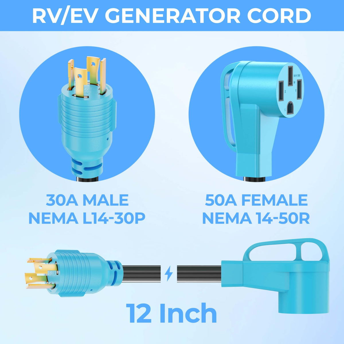 CircleCord NEMA L14-30P to 14-50R cord for safe power transfer.