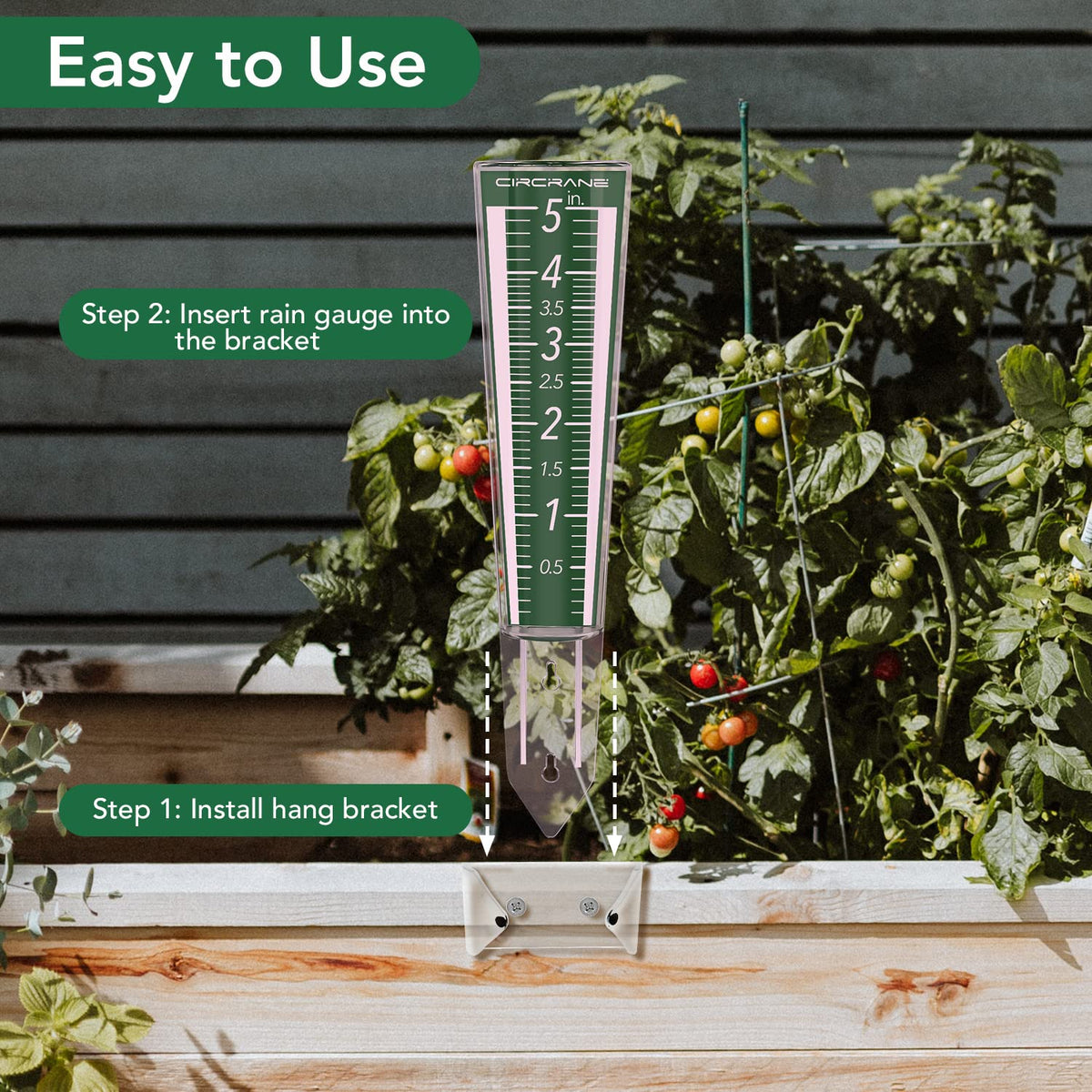 Circrane rain gauge on post illustrates simple garden monitoring.