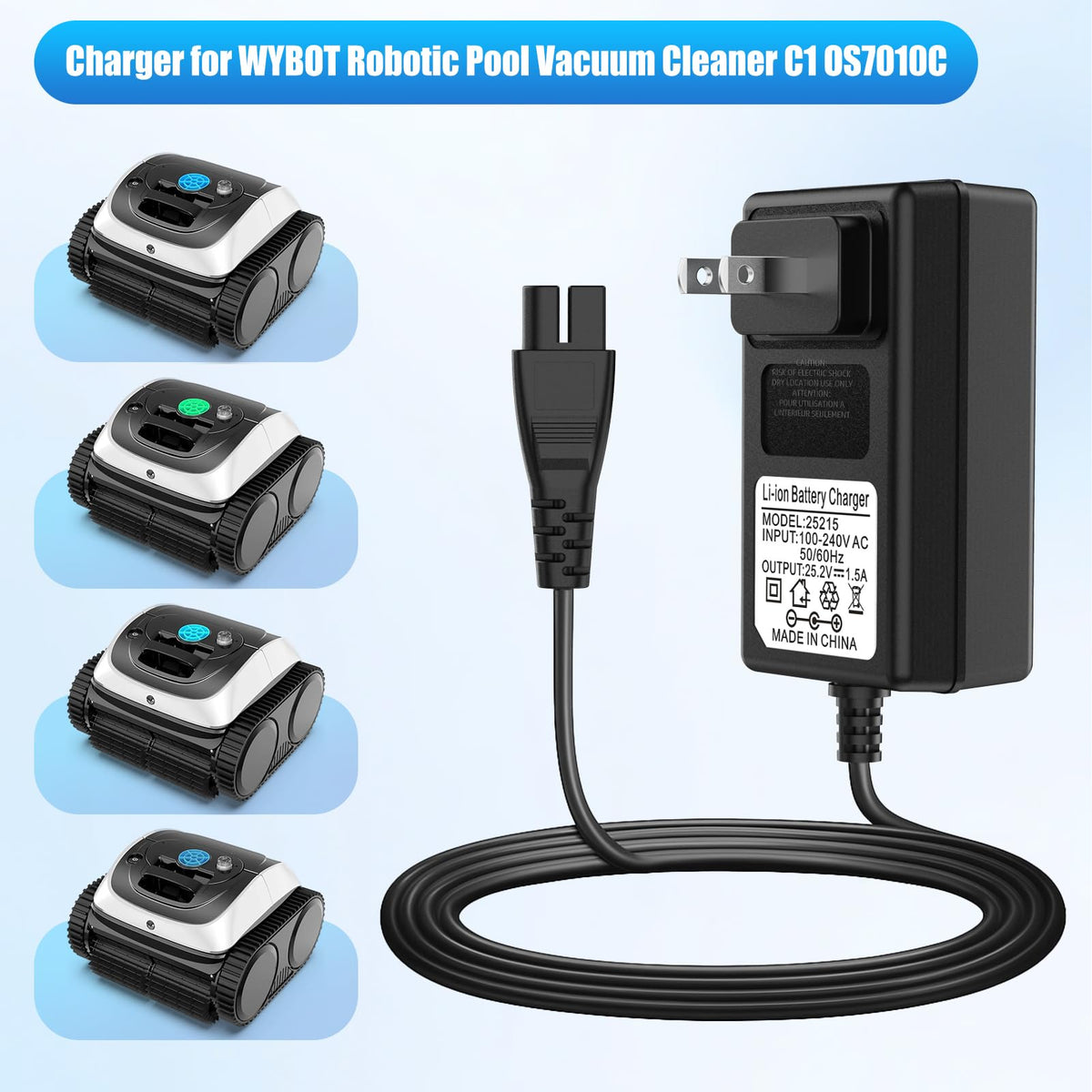 Cisain charger for WYBOT C1 OS7010C side angle highlighting compact footprint for easy placement