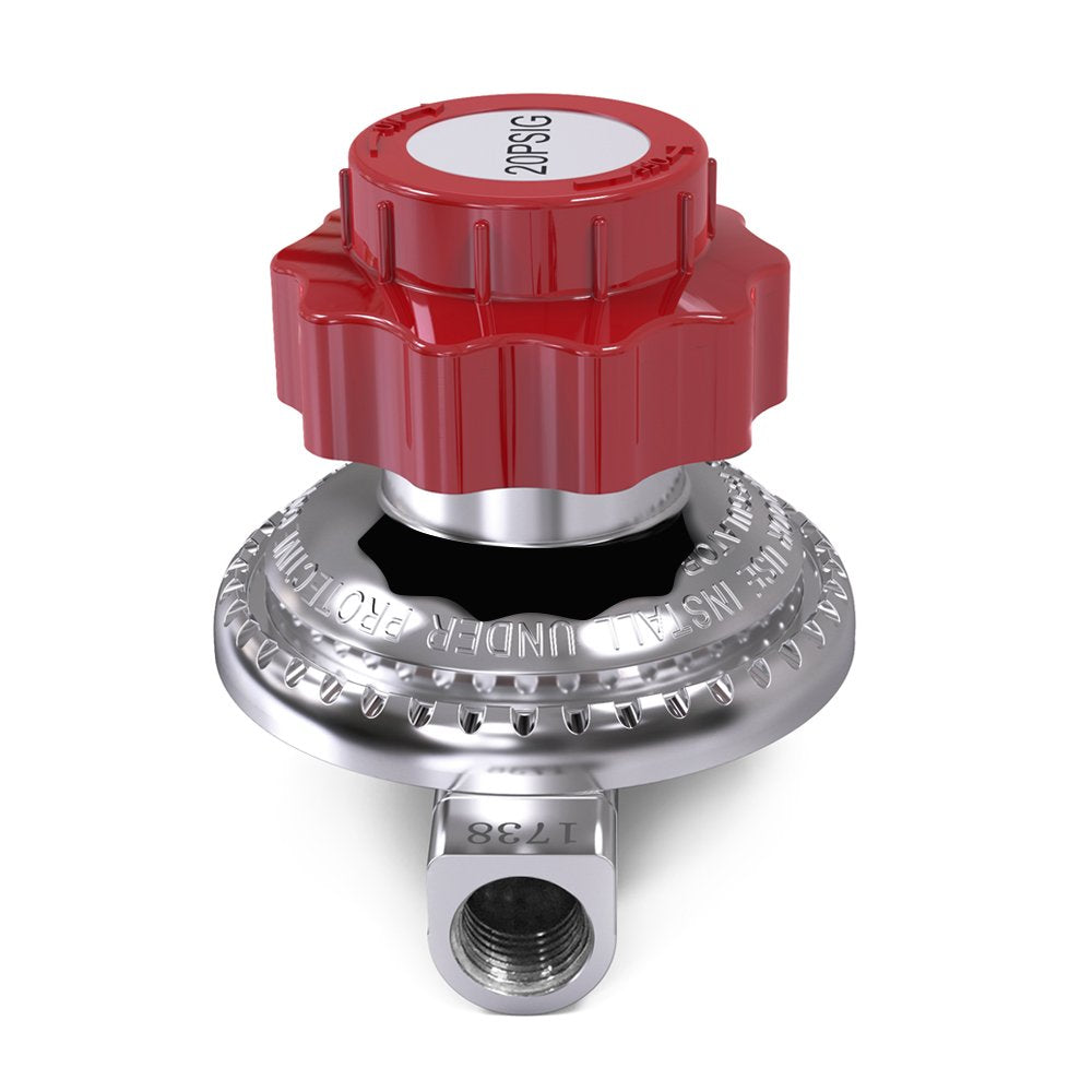 CISNO red regulator shown in a camping setup for outdoor readiness.