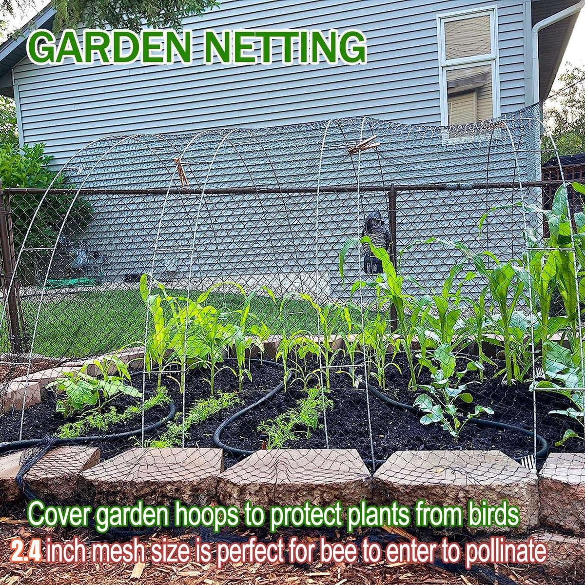 UV-resistant garden netting protecting fruit trees and vegetables from birds.