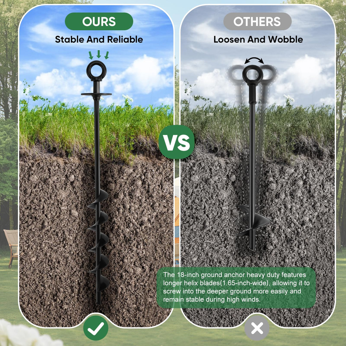 Ciyivak weather-resistant spiral anchors perform in sand, clay, or gravel.