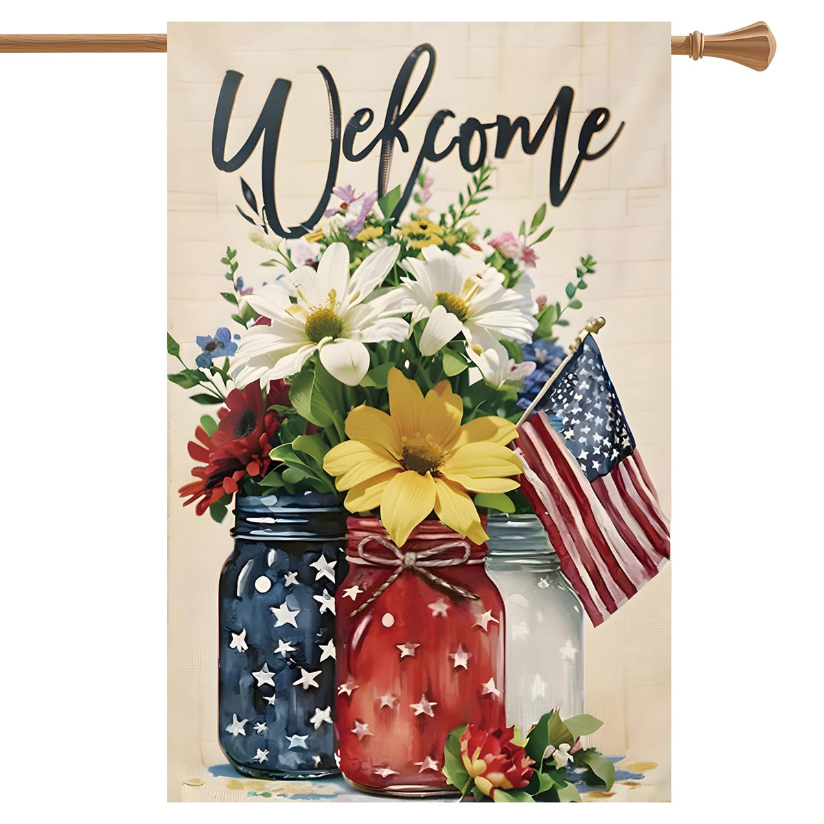 CJYGEGE Mason Jar Flowers flag front yard display showing double-sided patriotic design