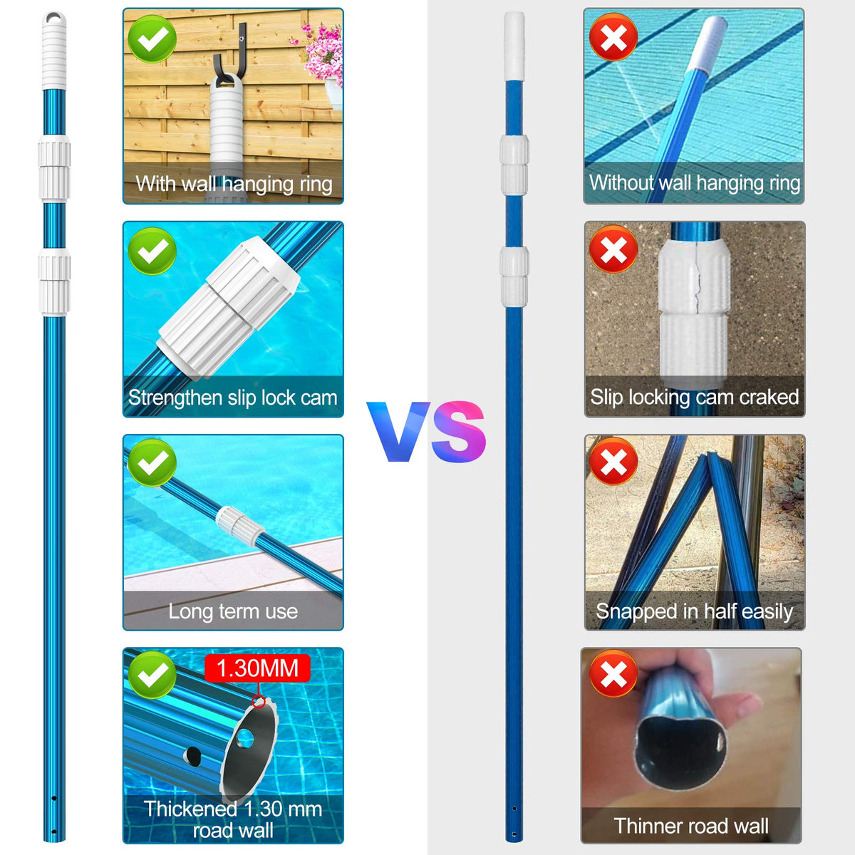 CKE extendable pool pole 5 to 15 feet with locking cams for stable length.