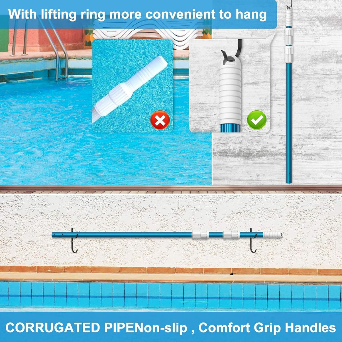 Lightweight yet sturdy pole simplifies routine pool maintenance.