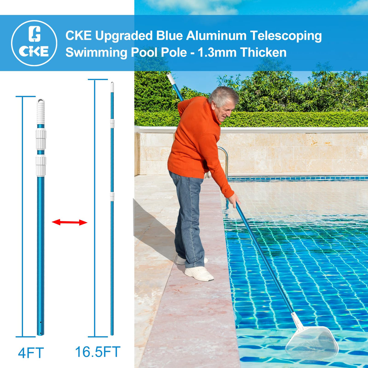 Blue aluminum pole with lifting ring enables easy storage.