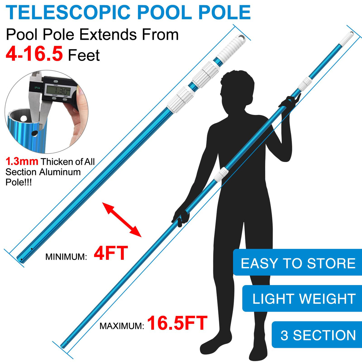 CKE pool pole with rubber-coated grip for secure cleaning.