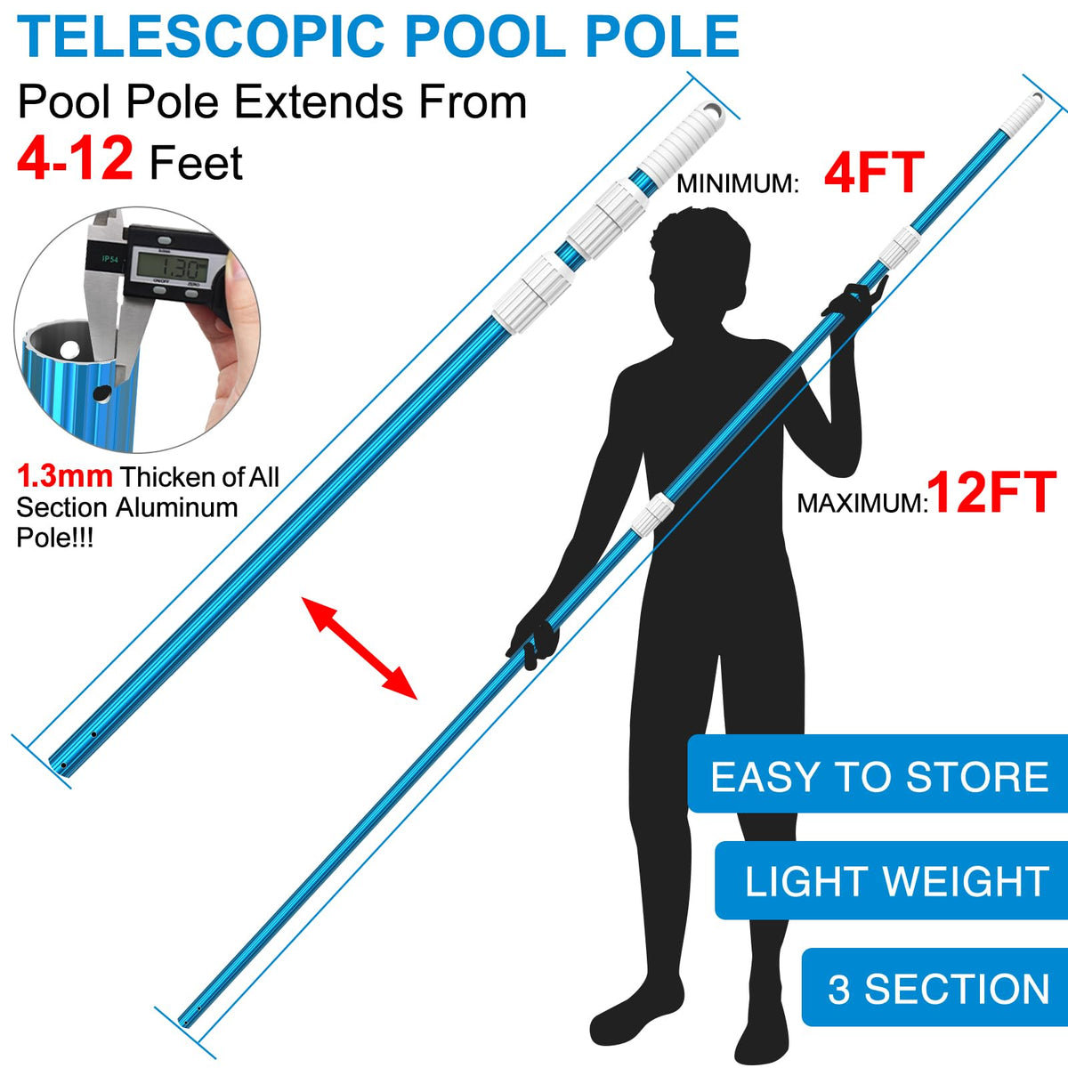CKE three-section pole with slip-resistant locking cams provides secure height
