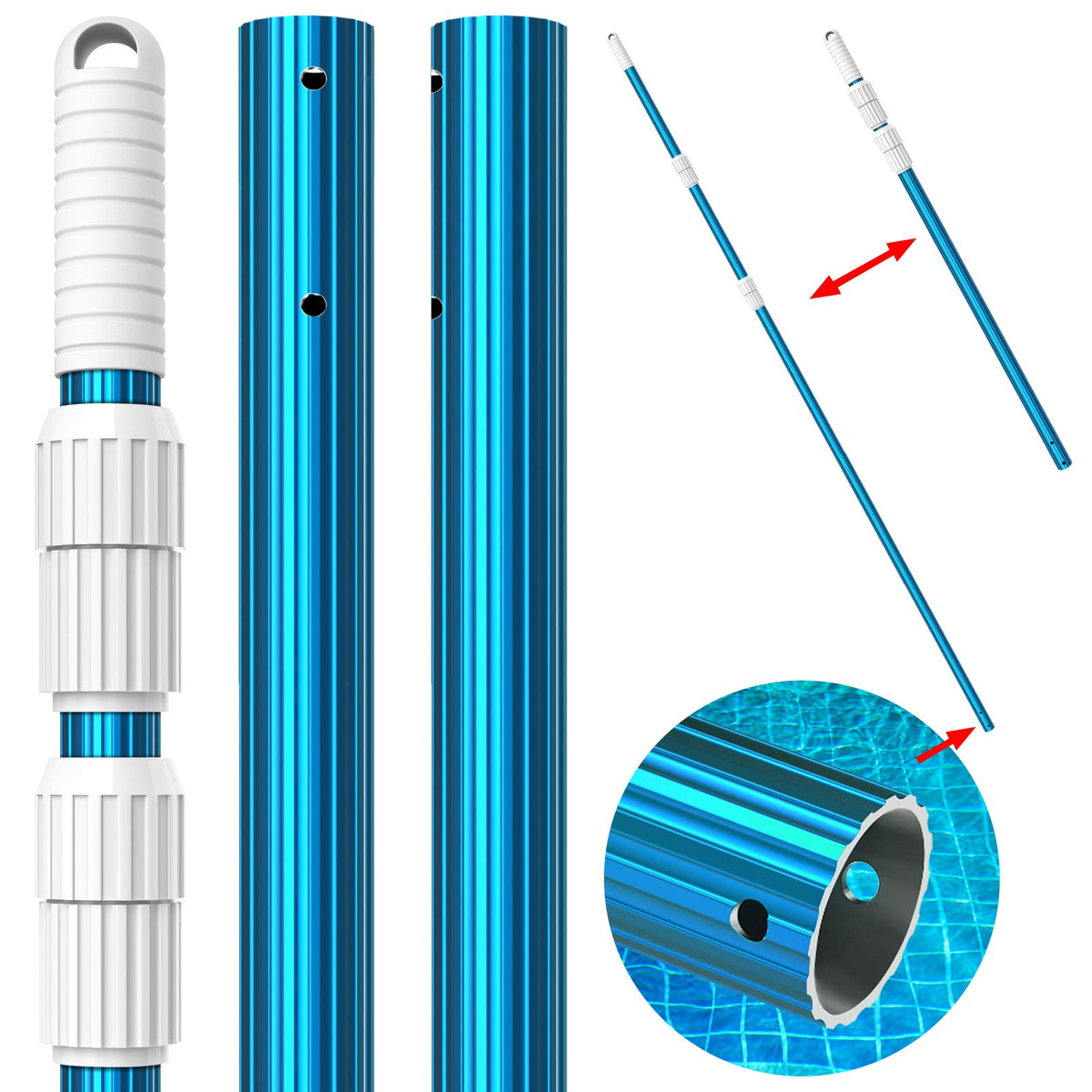 CKE upgraded blue aluminum telescoping pool pole extended to 12 feet for wide-area cleaning