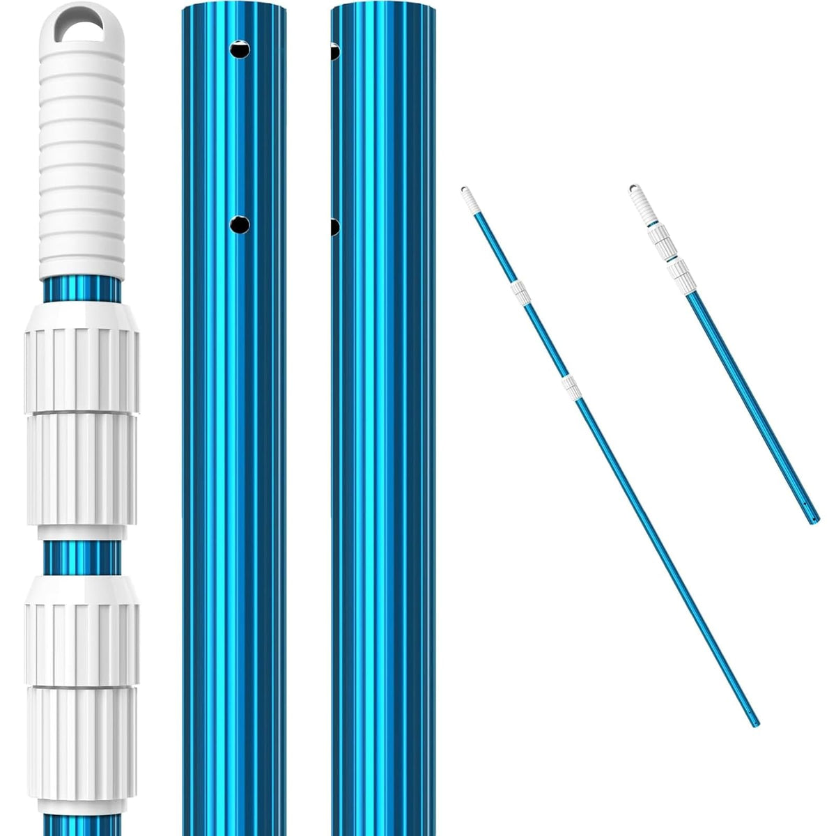 CKE upgraded blue aluminum pool pole fully extended to reach distant corners.